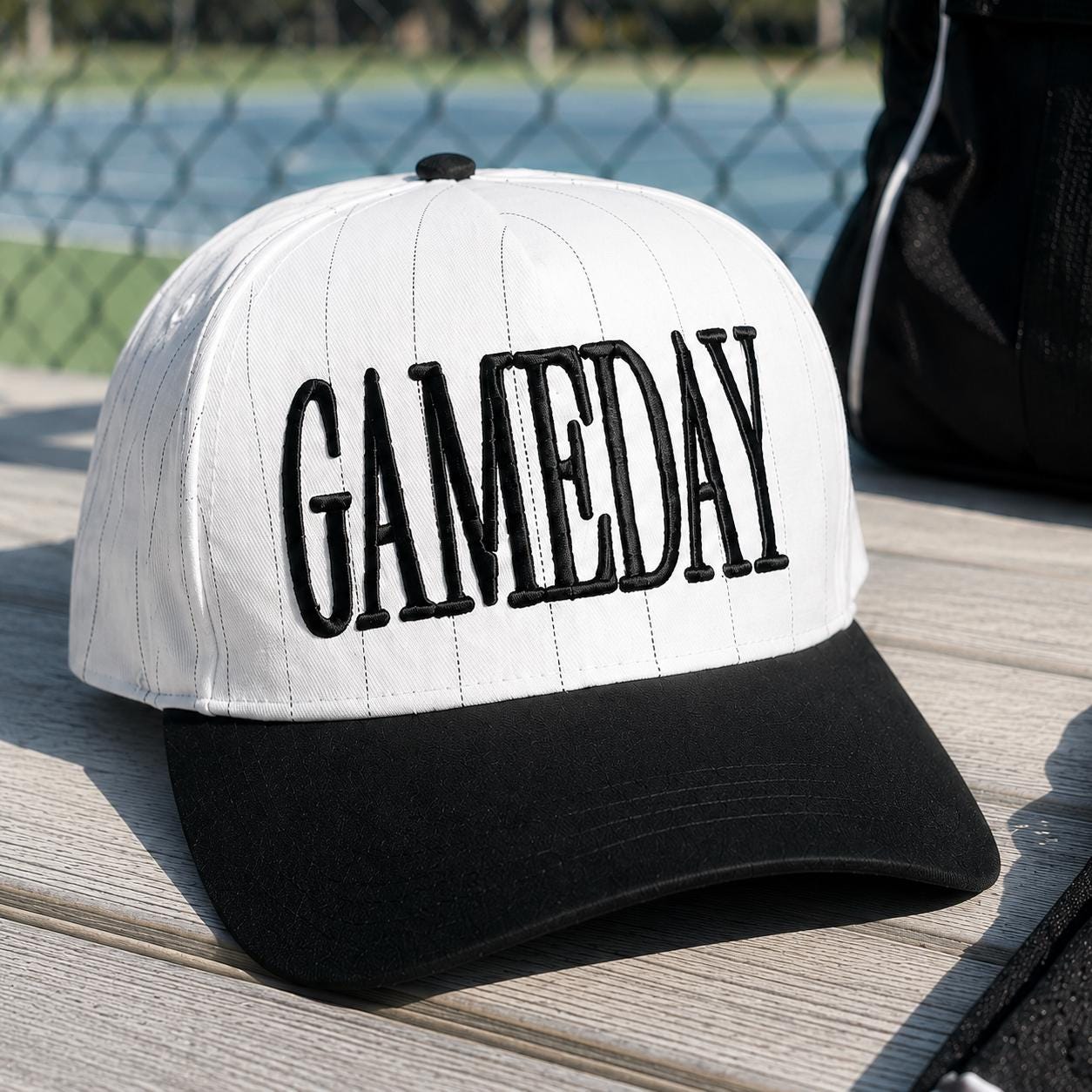White pinstripe baseball hat with black brim and bold GAME DAY embroidery