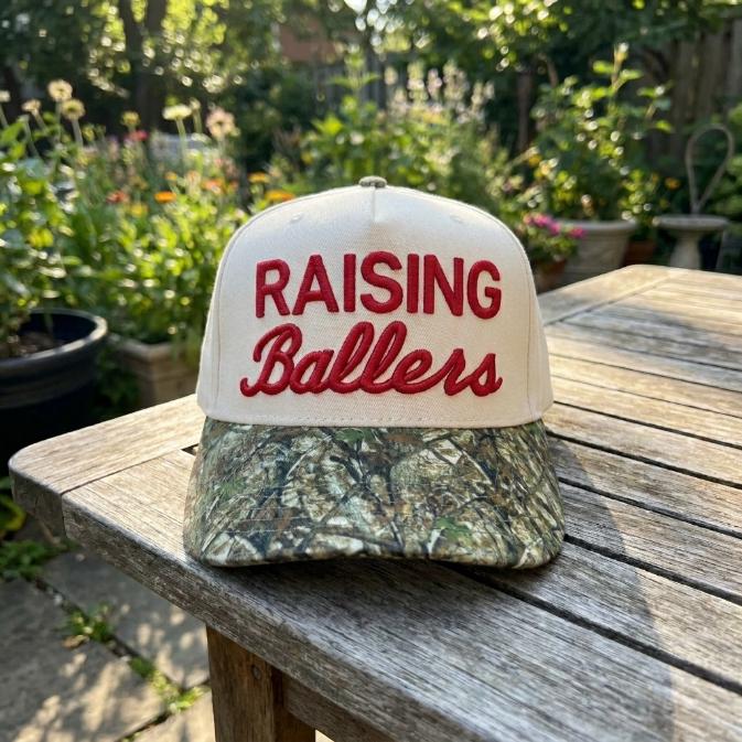 Raising Ballers hat with cream front, red embroidery, and camouflage bill on an outdoor table