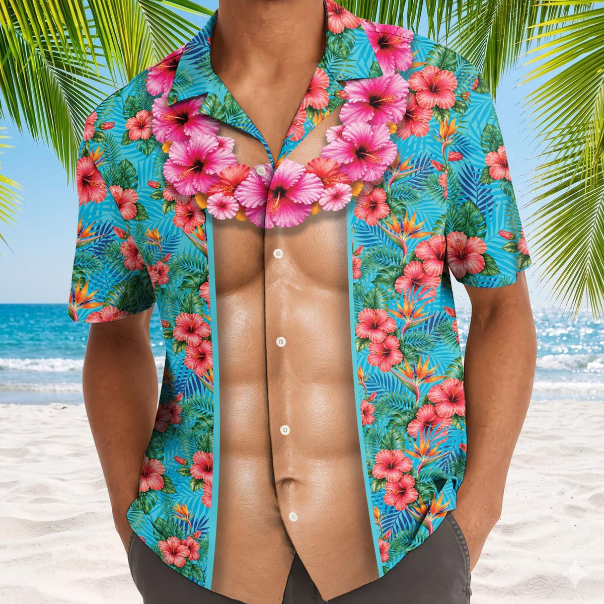 Lifestyle view of a man wearing a pink hibiscus and palm leaf Hawaiian shirt