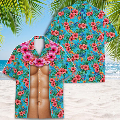 Hawaiian shirt shown from the back with an all-over hibiscus and palm leaf pattern