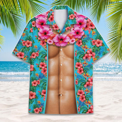 Front view of a turquoise Hawaiian shirt with pink hibiscus flowers and a novelty muscular torso print