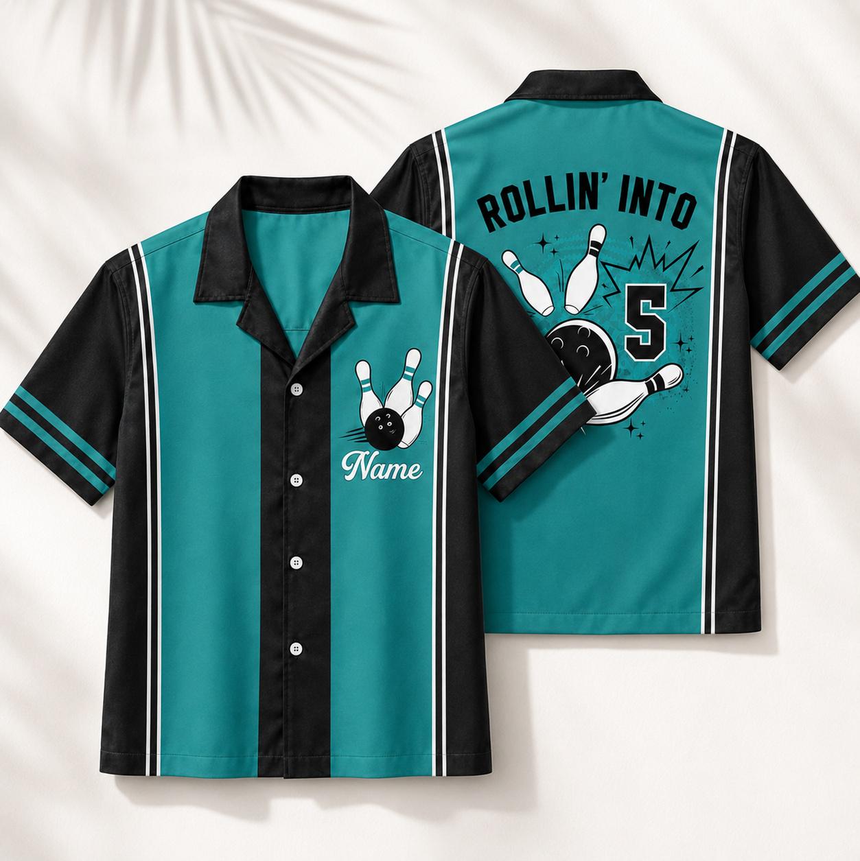 Teal bowling shirt with black collar, striped panels, and front bowling graphic