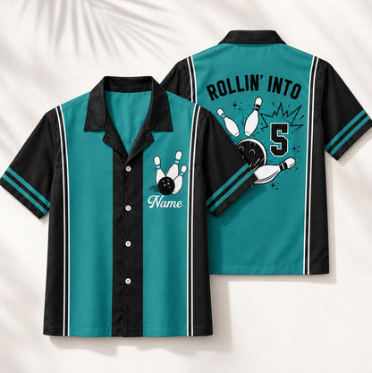 Teal bowling shirt with black collar, striped panels, and front bowling graphic