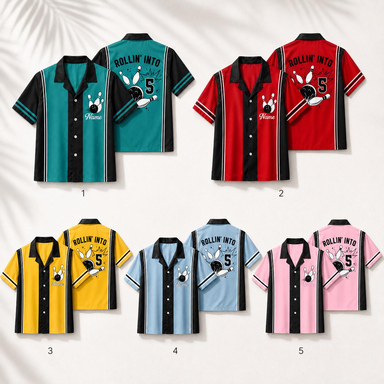 Back view of teal bowling shirt with rolling bowling pin and ball artwork