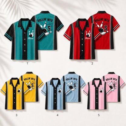Back view of teal bowling shirt with rolling bowling pin and ball artwork