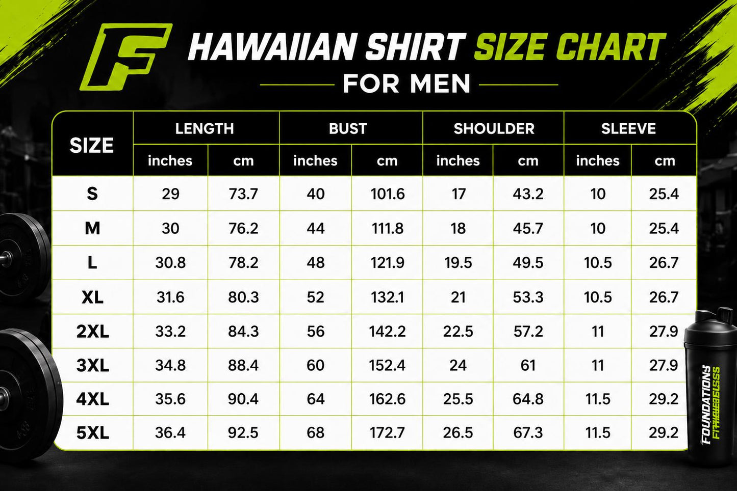 Hawaiian shirt size chart for men showing sizes S through 5XL