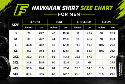 Hawaiian shirt size chart for men showing sizes S through 5XL