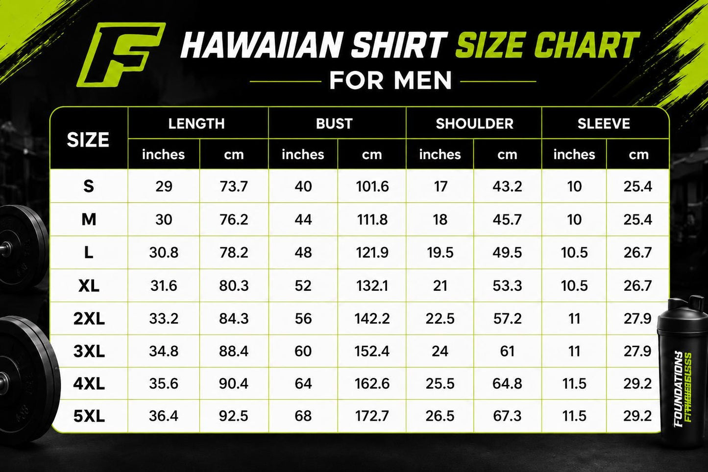 Men's Hawaiian shirt size chart showing sizes S through 5XL