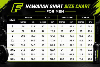 Men's Hawaiian shirt size chart showing sizes S through 5XL