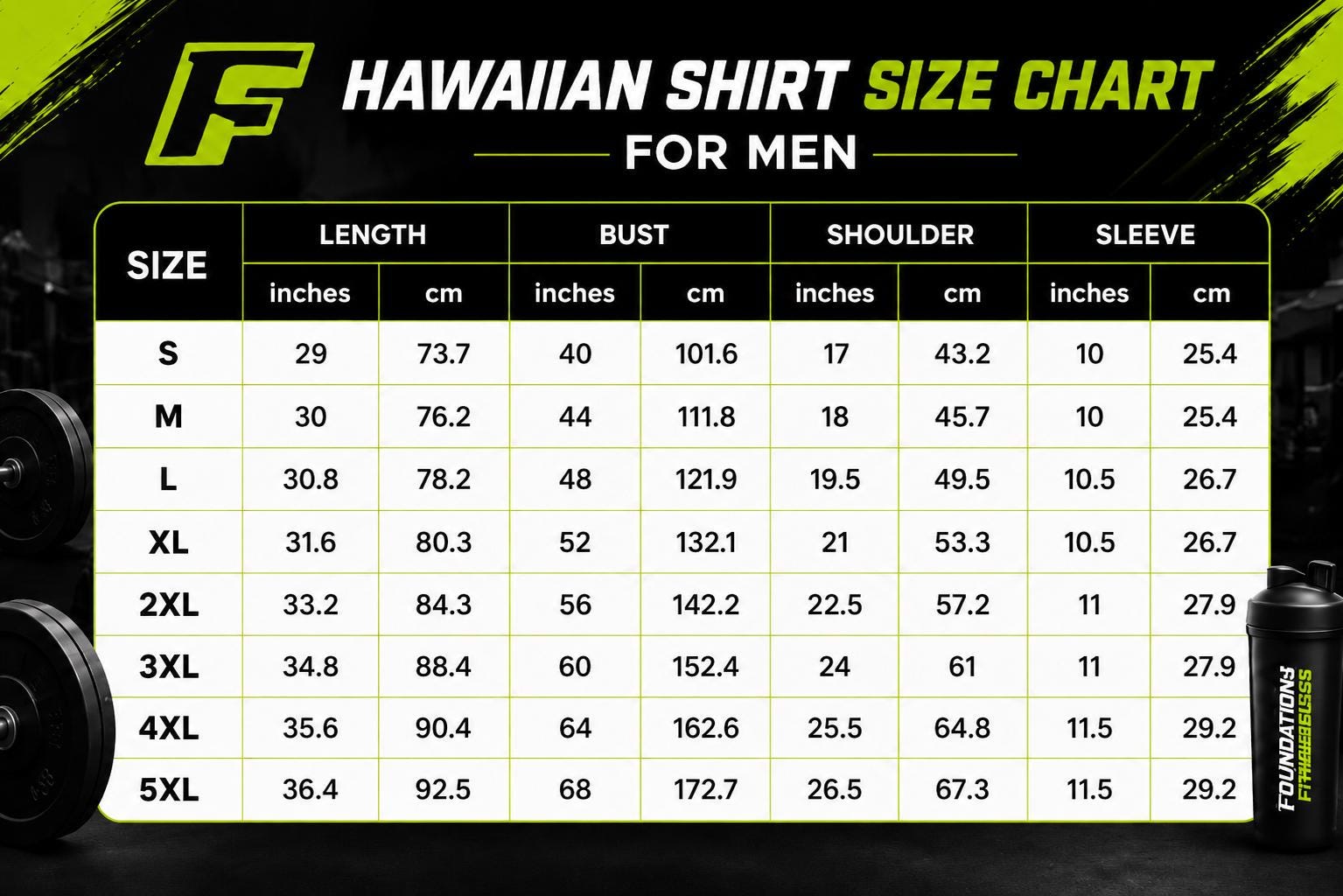Hawaiian shirt size chart for men showing sizes S through 5XL