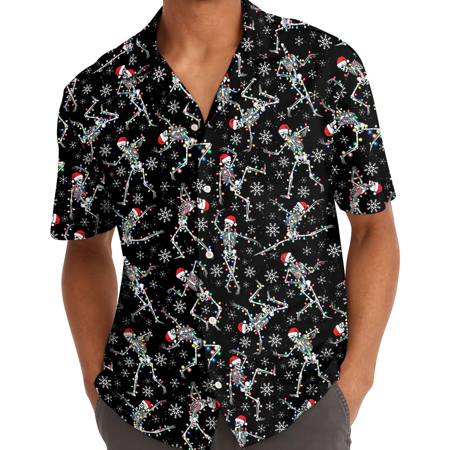 Close-up view of colorful skeleton Santa print on button-front shirt