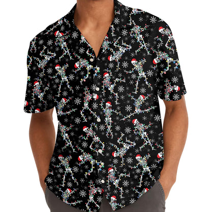 Close-up view of colorful skeleton Santa print on button-front shirt