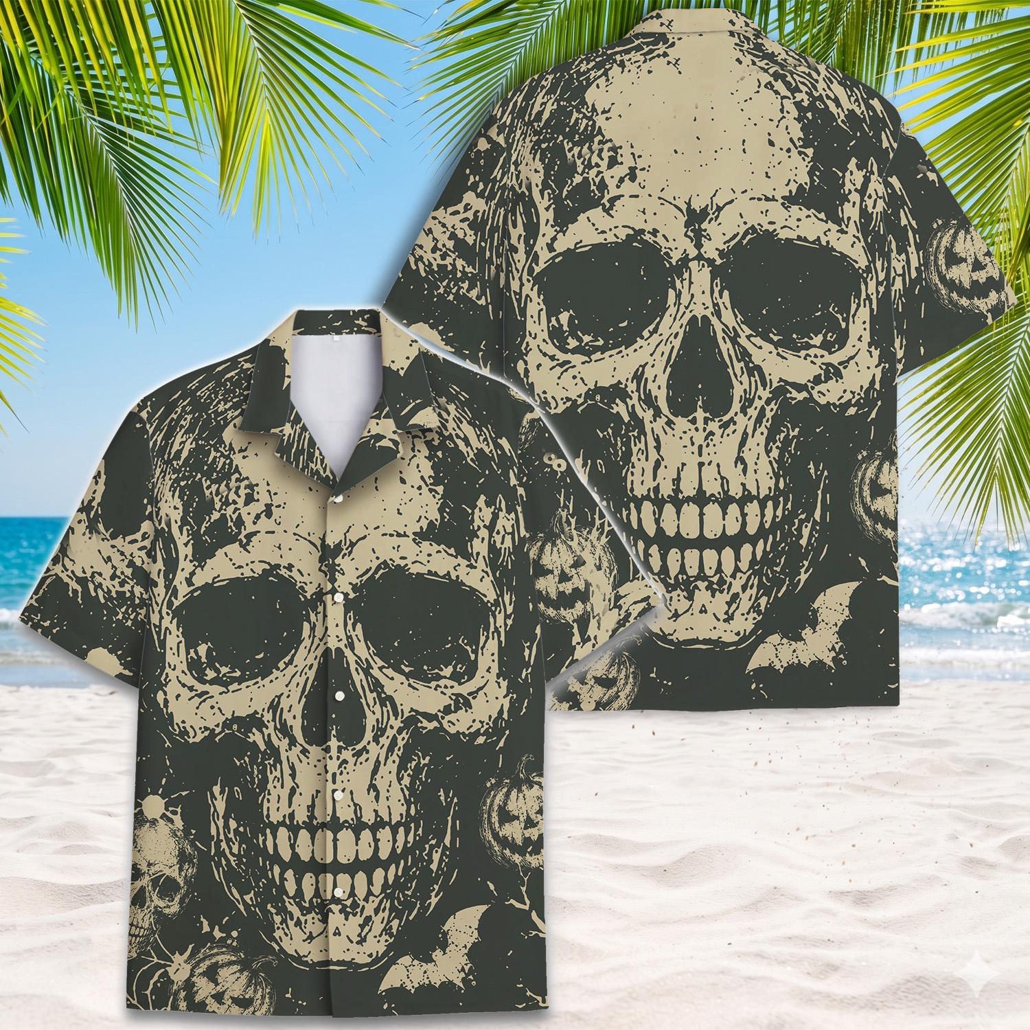 Hawaiian skull shirt shown from the front and back on a beach background