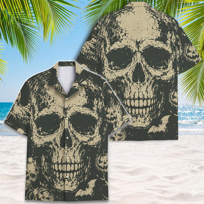 Hawaiian skull shirt shown from the front and back on a beach background