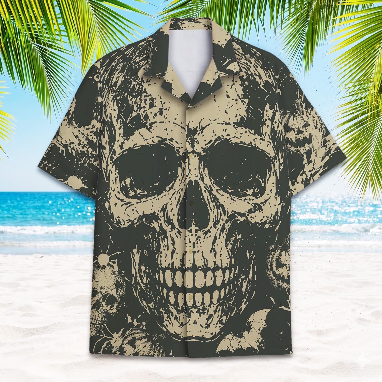 Front view of a charcoal and beige Hawaiian shirt with a large allover skull graphic