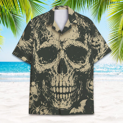 Front view of a charcoal and beige Hawaiian shirt with a large allover skull graphic
