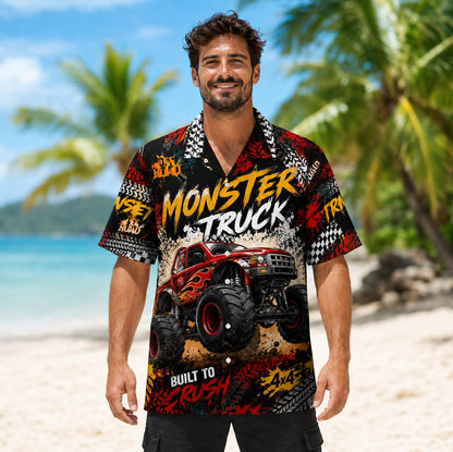 Model wearing the black and red monster truck Hawaiian shirt, front close-up