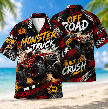 Front view of a black monster truck Hawaiian shirt with red 4x4 racing graphics