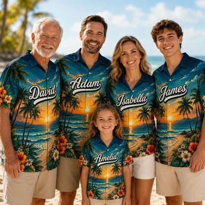 Family wearing coordinated personalized tropical Hawaiian shirts on a beach