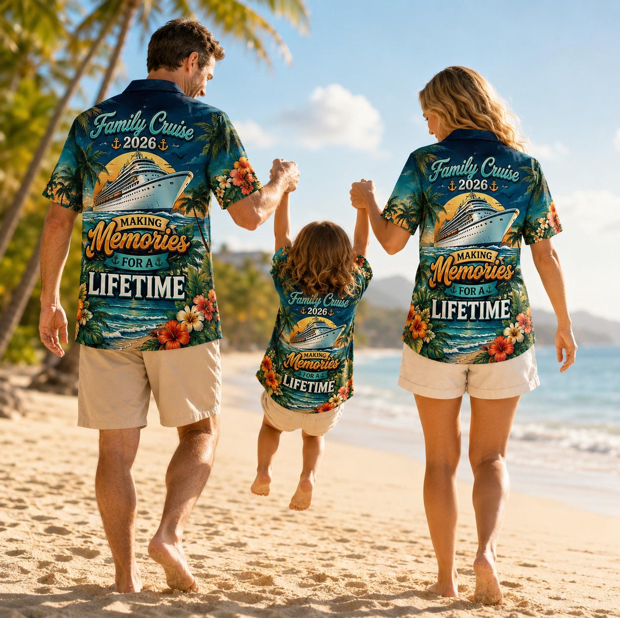 Family walking on the beach wearing matching cruise-themed Hawaiian shirts
