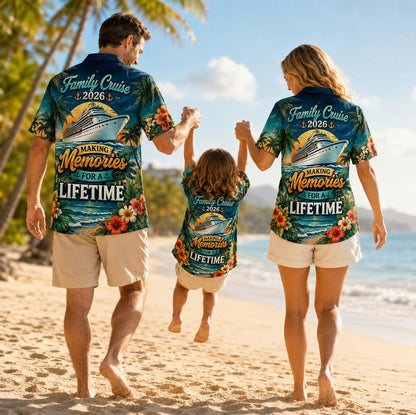 Family walking on the beach wearing matching cruise-themed Hawaiian shirts