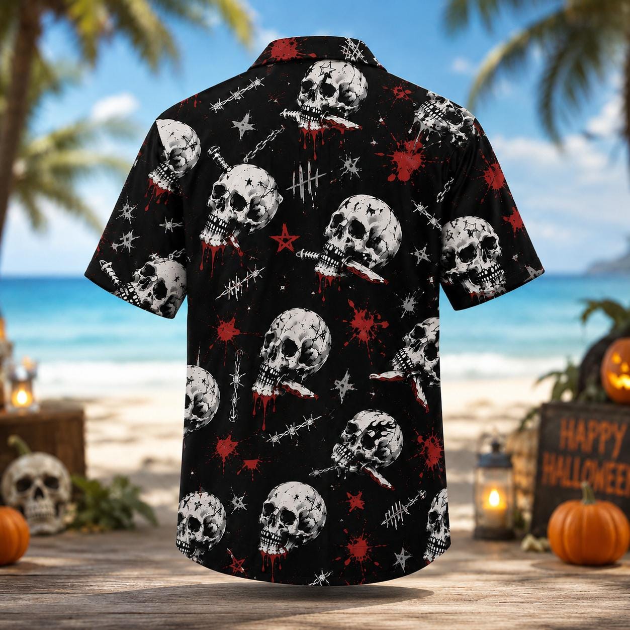 Back view of black Hawaiian shirt covered in skulls, stars, and red splatter details