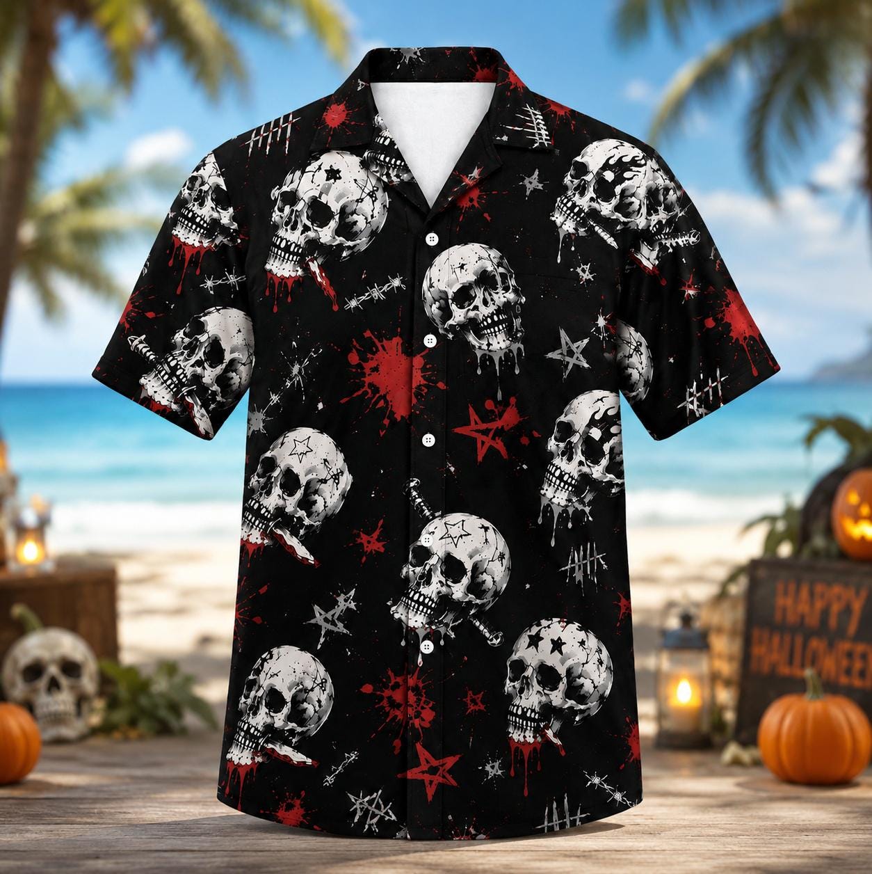 Front view of black men's Hawaiian shirt with white skulls and red gothic accents