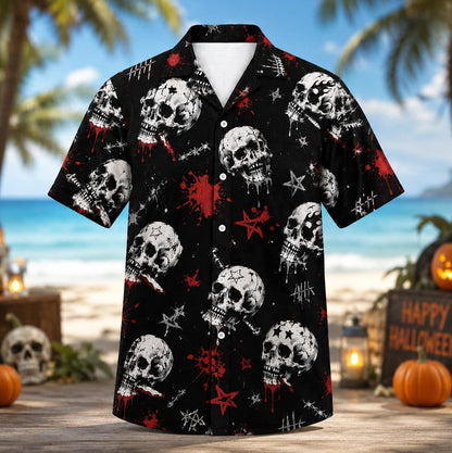 Front view of black men's Hawaiian shirt with white skulls and red gothic accents