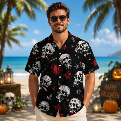 Front view of a man wearing a black and red gothic skull button-up shirt