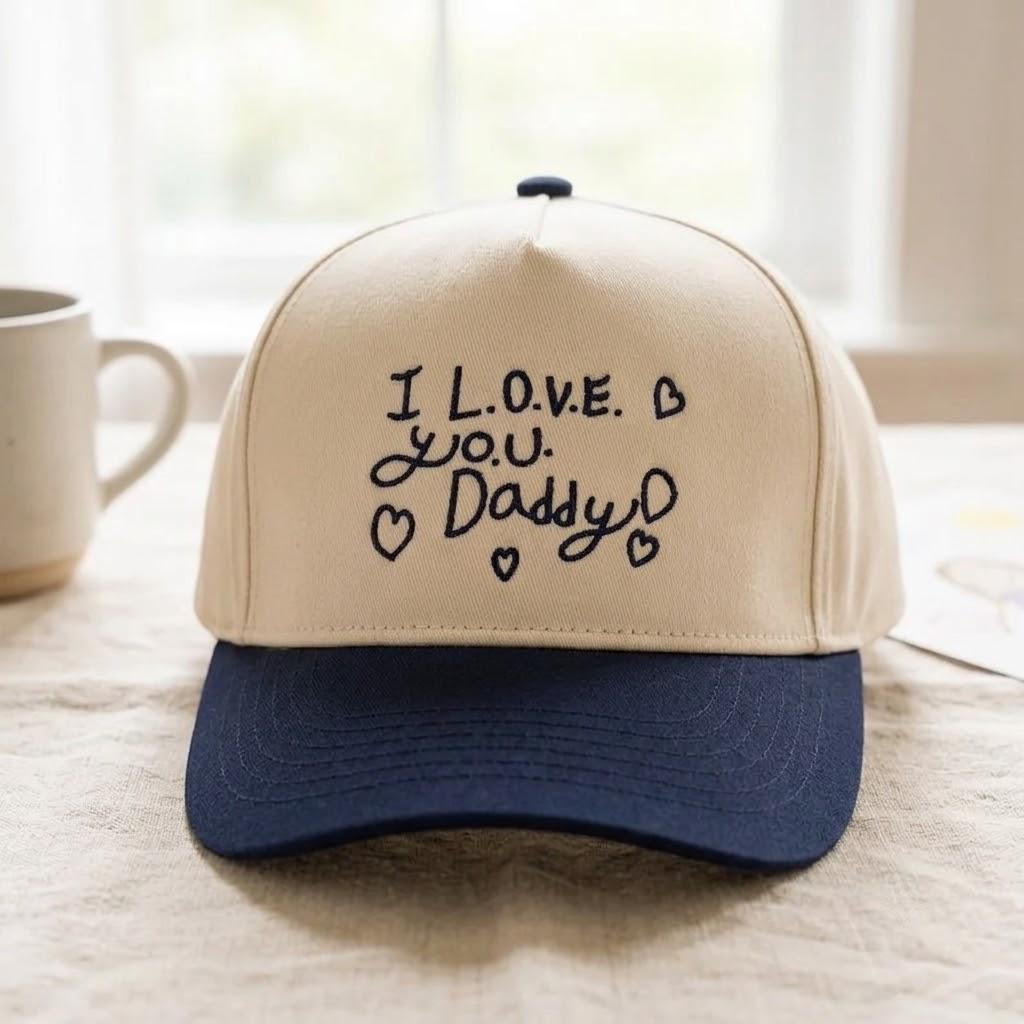 Front view of I Love You Daddy two-tone trucker cap displayed on a table