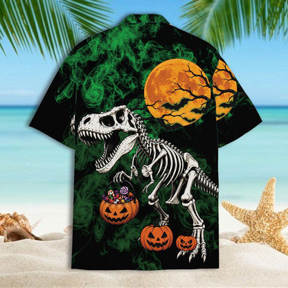 Back view of the Halloween Hawaiian shirt showing the T-Rex skeleton, moon, smoke, and pumpkins