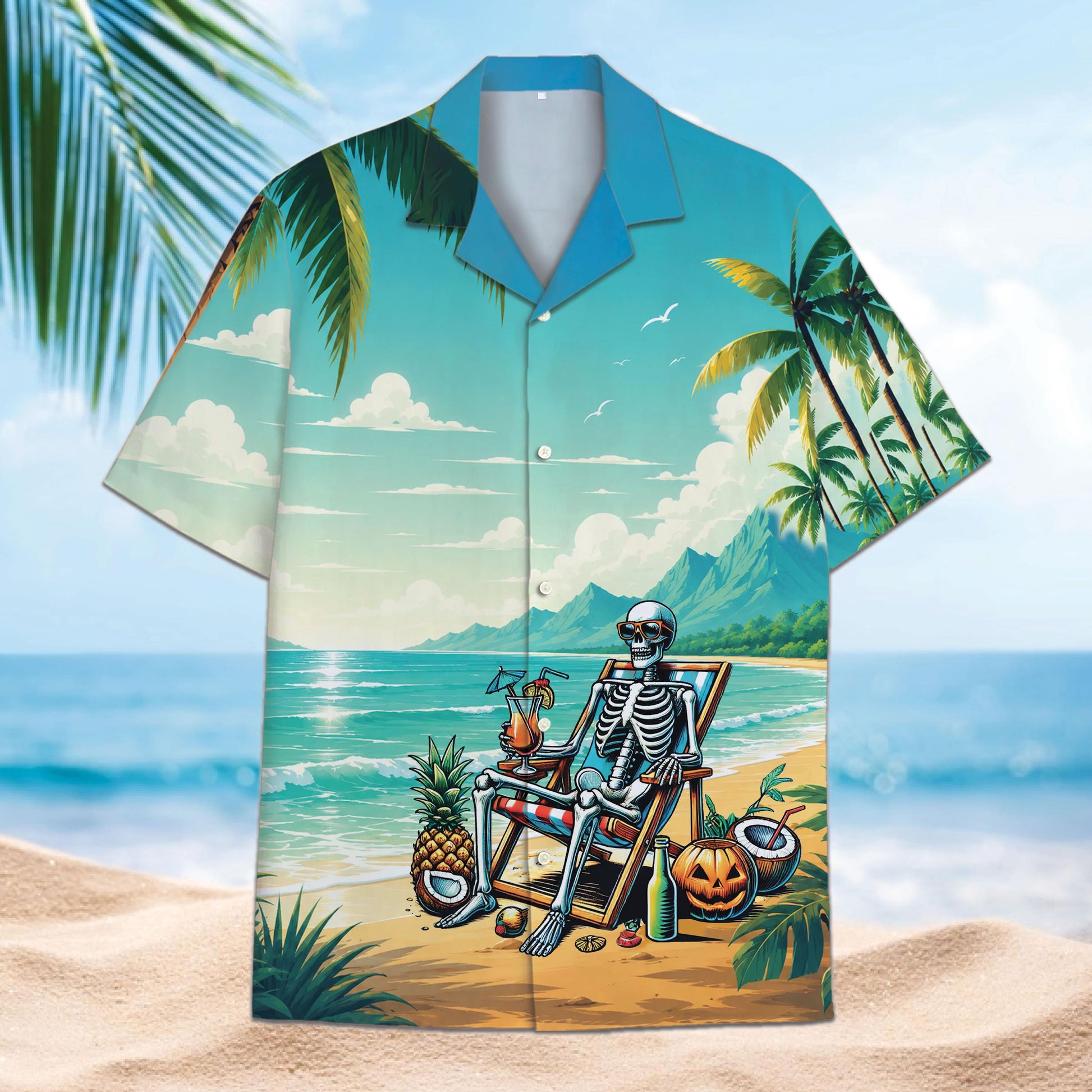 Front view of skeleton beach Hawaiian shirt with pineapple, pumpkin and tropical island artwork