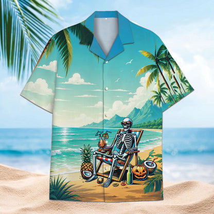 Front view of skeleton beach Hawaiian shirt with pineapple, pumpkin and tropical island artwork