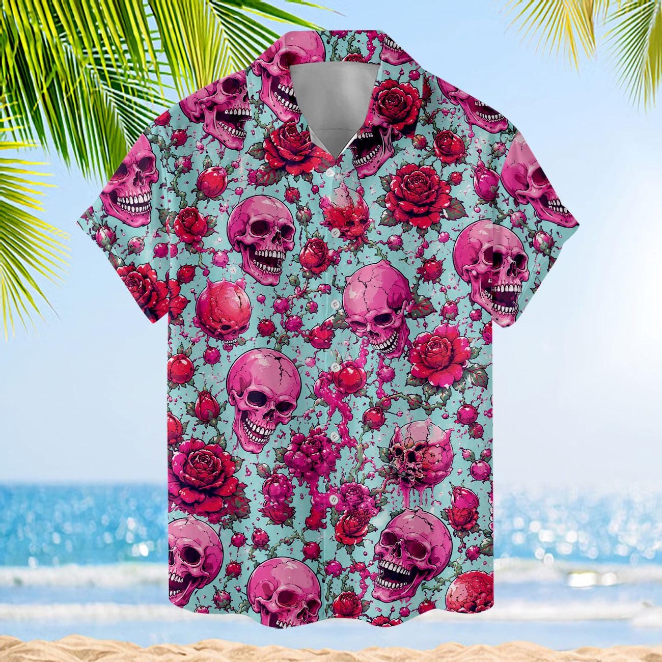 Front view of a turquoise Hawaiian shirt with pink skulls and red roses
