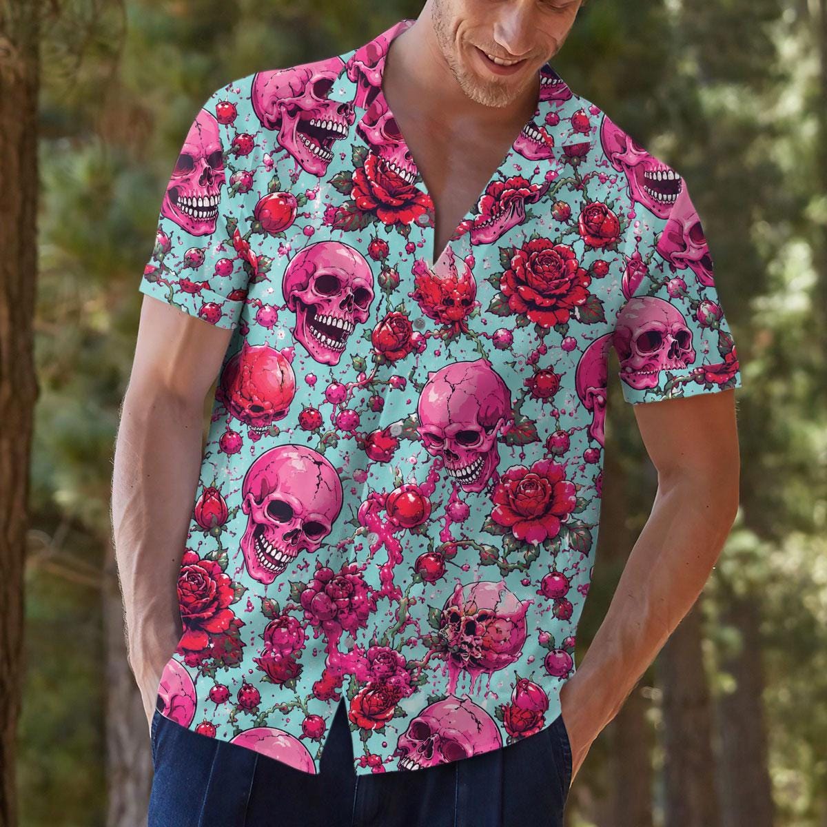 Model styling a turquoise gothic skull and rose Hawaiian shirt outdoors