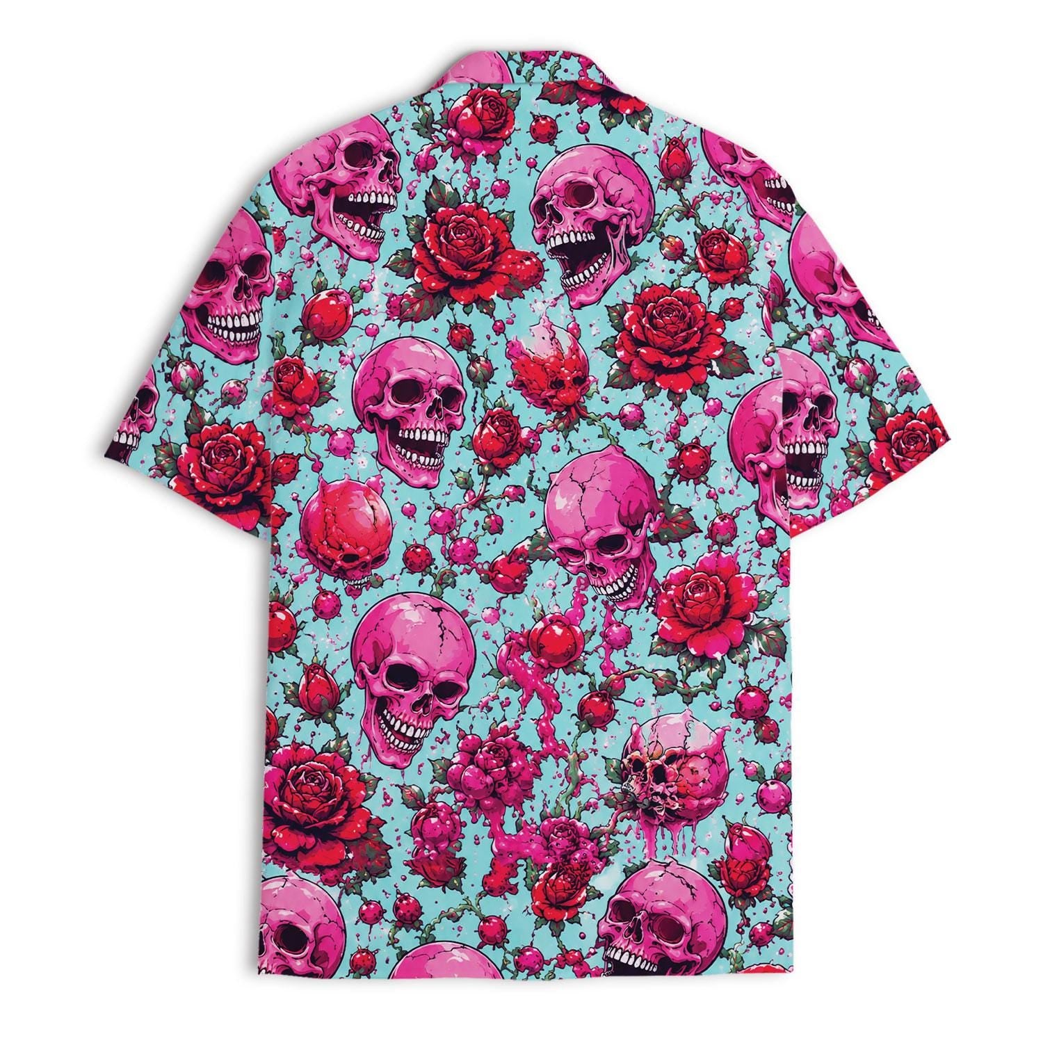 Back view showing the all-over skull and rose print on a Hawaiian shirt