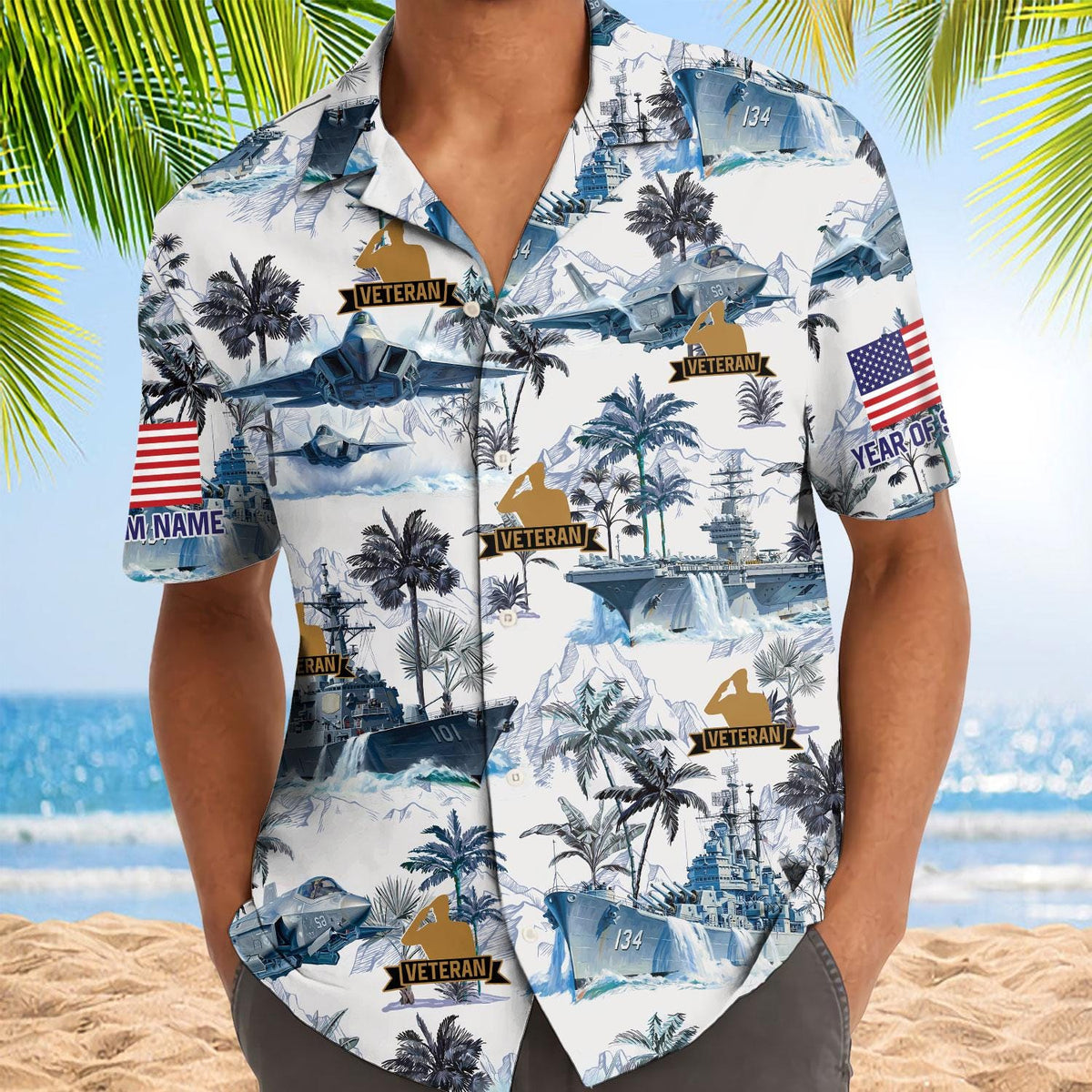 Model wearing a patriotic veteran Hawaiian shirt with military aircraft and palm tree artwork