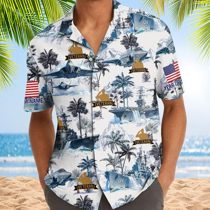 Model wearing a patriotic veteran Hawaiian shirt with military aircraft and palm tree artwork