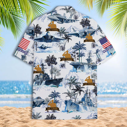Back view of a veteran military Hawaiian shirt with tropical scenery and aircraft print