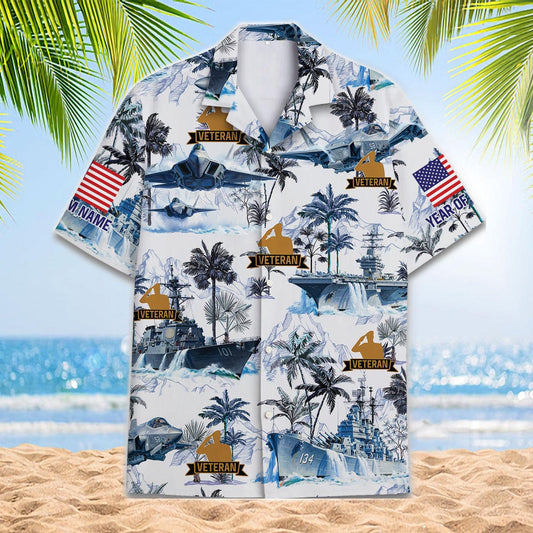 Front view of a veteran military Hawaiian shirt with aircraft, ships, palm trees, and American flag print