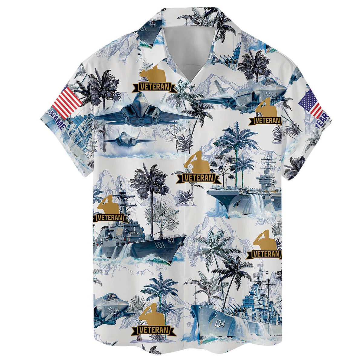 Flat lay front view of a blue and white veteran Hawaiian shirt with aircraft and naval ship graphics