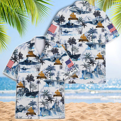Front and back views of a patriotic veteran Hawaiian shirt with military island artwork
