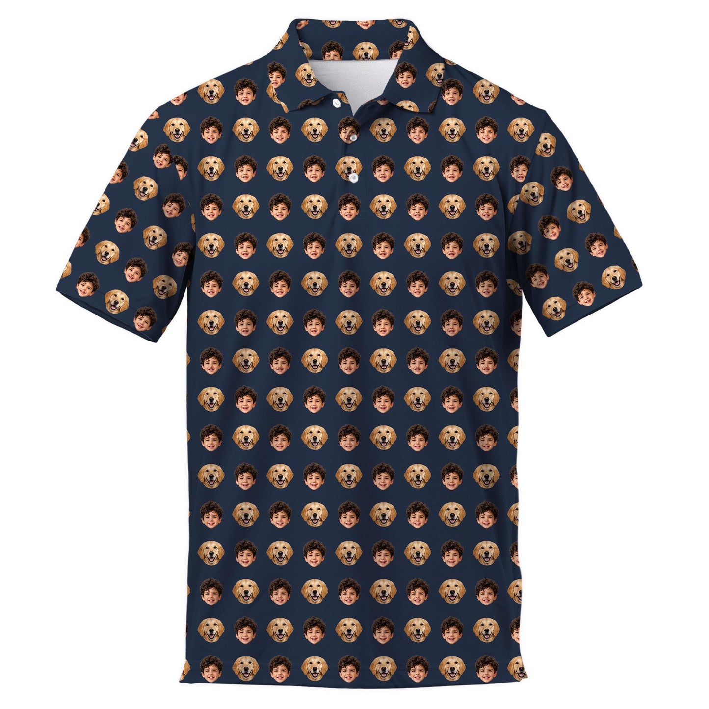 Front view of a navy collared short-sleeve shirt covered in child and dog face motifs