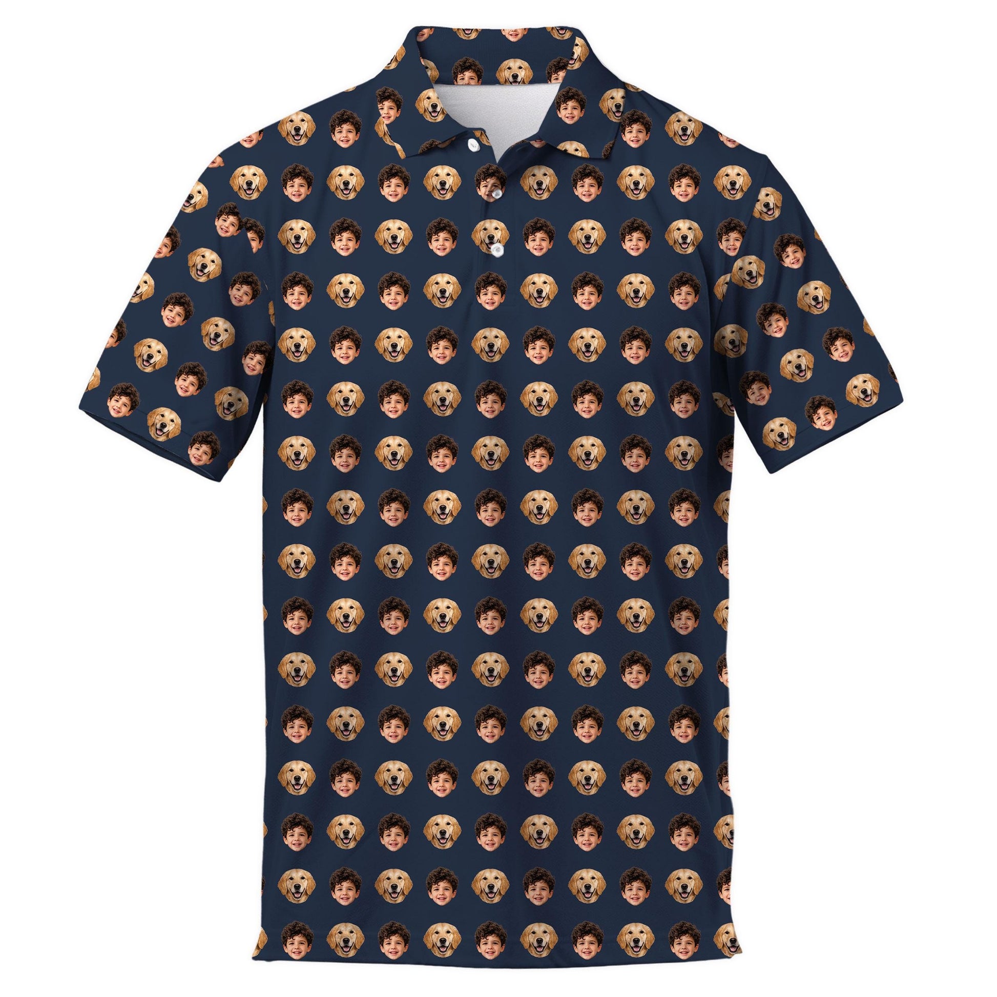 Front view of a navy collared short-sleeve shirt covered in child and dog face motifs