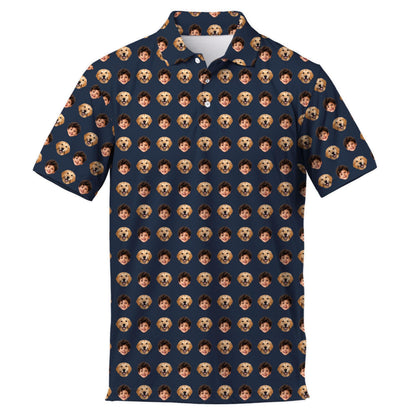 Front view of a navy collared short-sleeve shirt covered in child and dog face motifs
