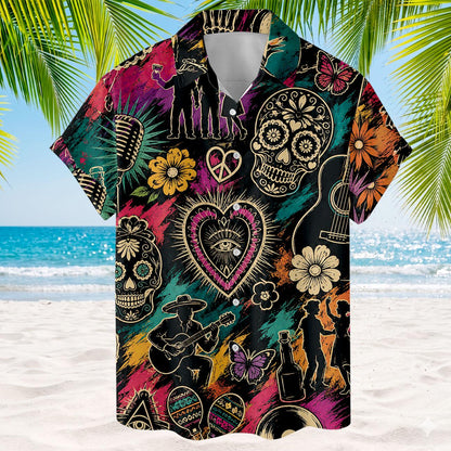 Close front view of a vibrant music-themed Hawaiian shirt with skull and guitar motifs