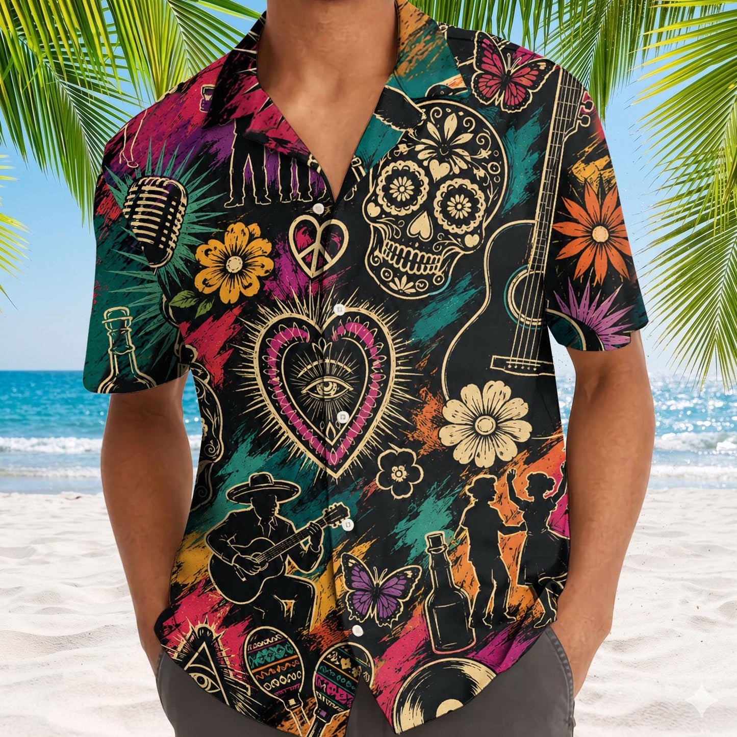 Person modeling a short-sleeve Hawaiian shirt with sugar skull, flower and music artwork