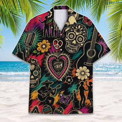 Front view of a sugar skull Hawaiian shirt with guitars, flowers and heart artwork
