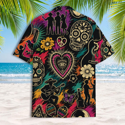 Patterned Hawaiian shirt showing sugar skulls, flowers, musicians and colorful graphic details