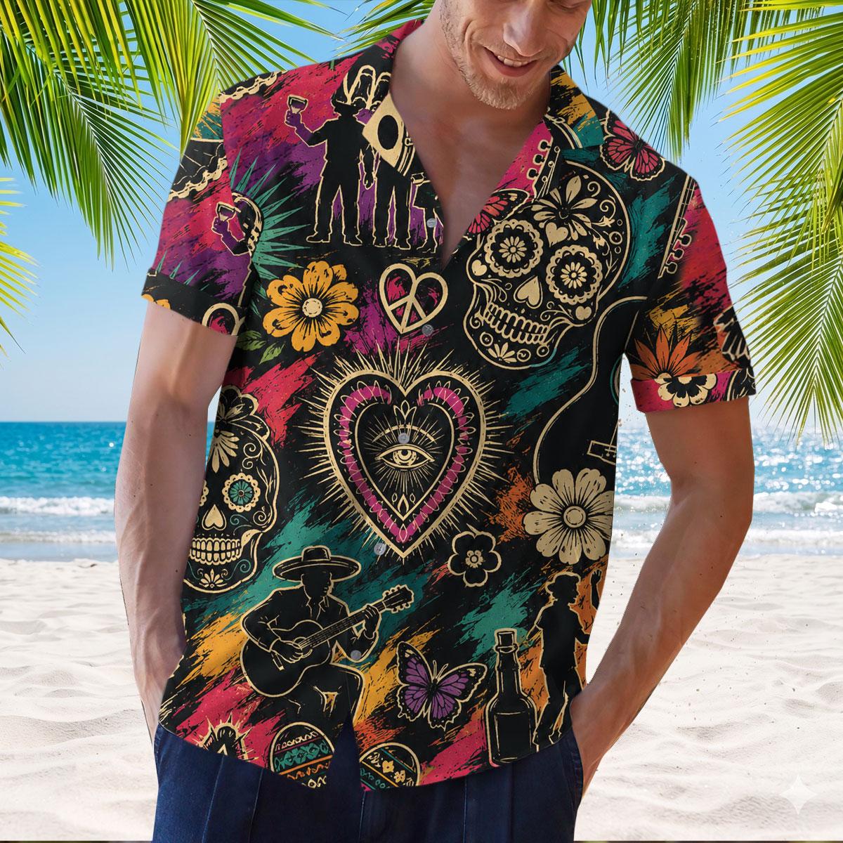 Model wearing a colorful sugar skull and guitar Hawaiian shirt at the beach